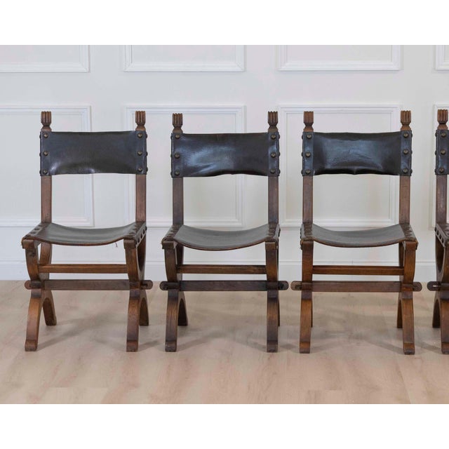 Spanish Set of Six Mid-20th Century Spanish Walnut and Leather Dining Chairs For Sale - Image 3 of 9