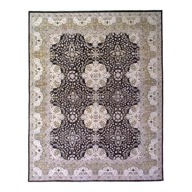 Modern Handcrafted Wool Rug in Dark Brown With Allover Floral Pattern For Sale