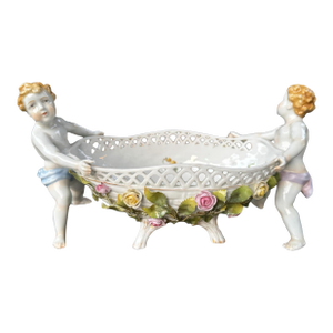 Antique Porcelain Floral Decorated Serving Compote Dish Held by Figural Cherubs