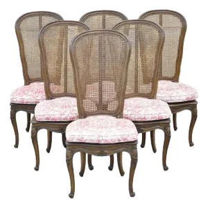 Mid 20th Century Vintage French Provincial Louis XV Walnut Cane Dining Side Chairs - Set of 6