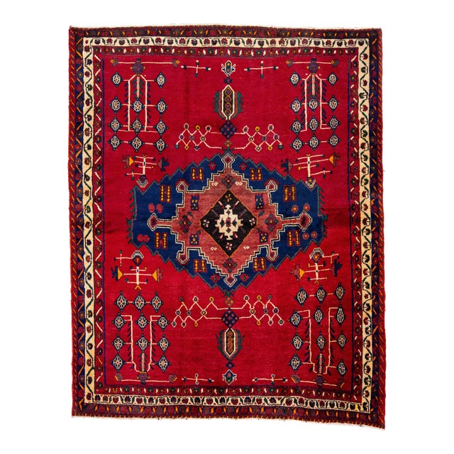 1960s Vintage Shiraz Persian Wool Rug in Red With Medallion Motif For Sale