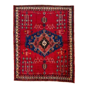 1960s Vintage Shiraz Persian Wool Rug in Red With Medallion Motif