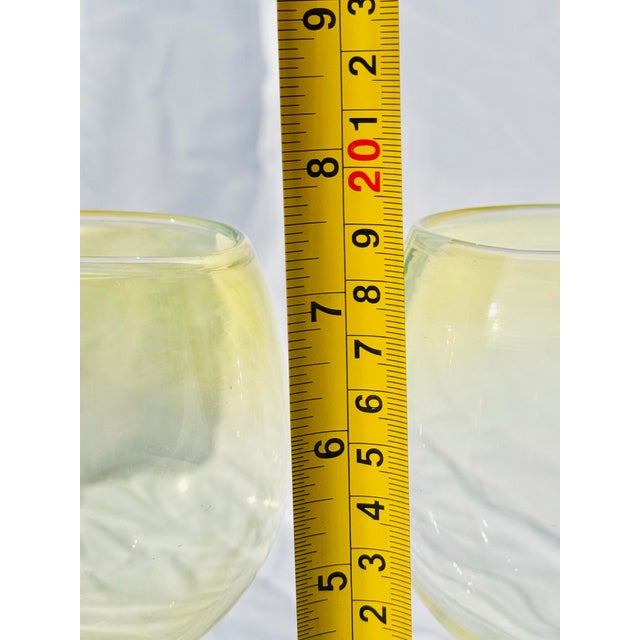 Yellow Contemporary Hand-Blown Opalescent Yellow Tint Wine Glasses – Set of 2 Art Glass Stems For Sale - Image 8 of 9