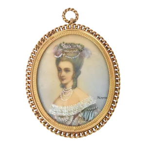 Antique Miniature Hand Painted Portrait Jeweled Nobel Woman Painting Gilt Frame
