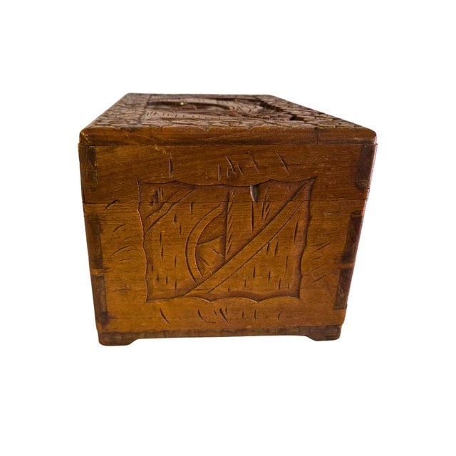 Vintage Asian Hand-Carved Camphor Wood Jewelry Box With Village Scene & Brass Hardware For Sale - Image 9 of 18