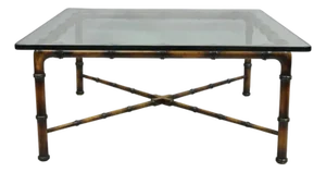 Mid 20th Century Vintage Hollywood Regency Chinese Chippendale Faux Bamboo Square Coffee Table