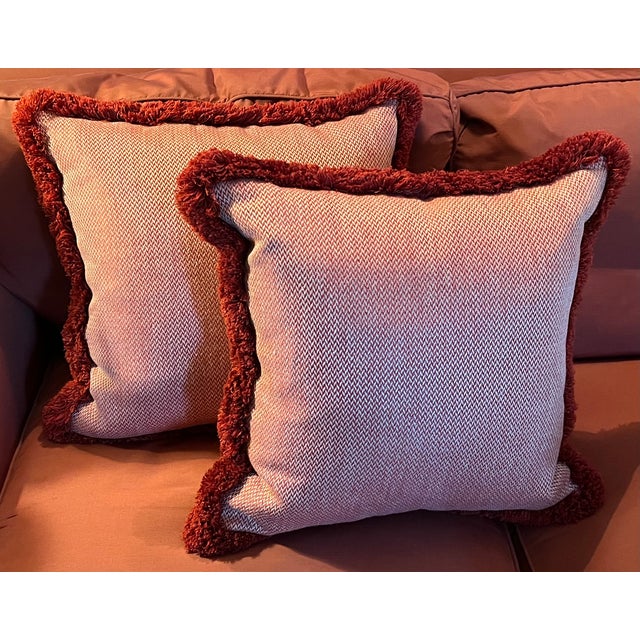 Textile Custom Red & White Woven Chevron Pillows With Passementerie Fringe Trim - A Pair For Sale - Image 7 of 10