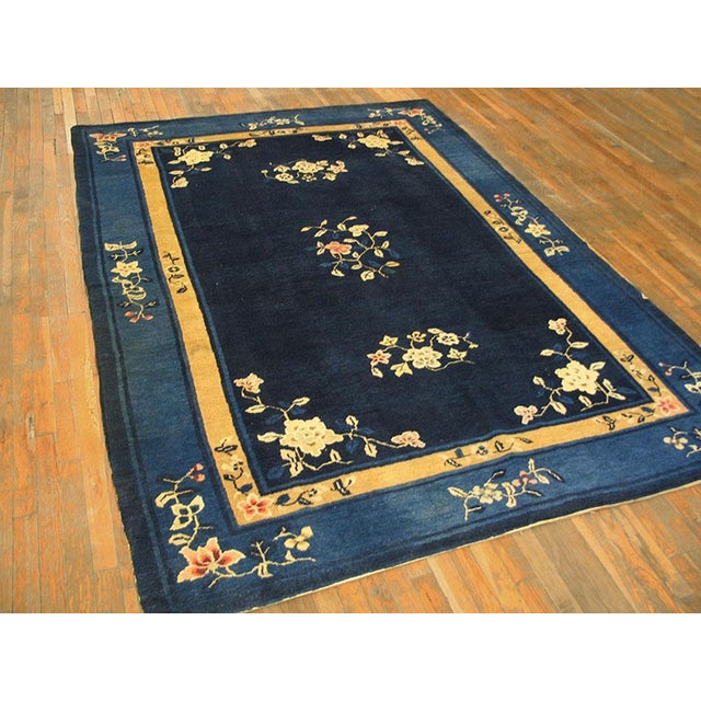 Chinese 1930s Blue Navy Floral Antique Chinese Peking Rug 6'4" X 8'8" Handknotted Wool Carpet For Sale - Image 3 of 5