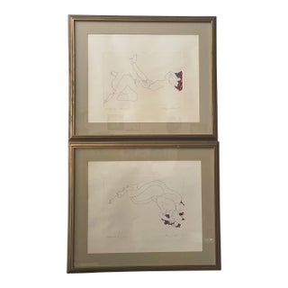 Original Weyman Lew Hand Colored Etching Signed and Framed Set of (2) c.1977 For Sale