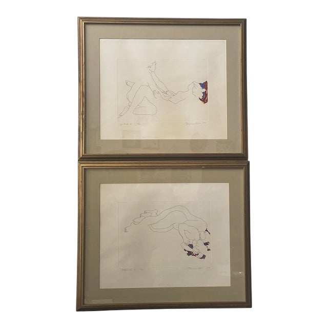 Original Weyman Lew Hand Colored Etching Signed and Framed Set of (2) c.1977 For Sale