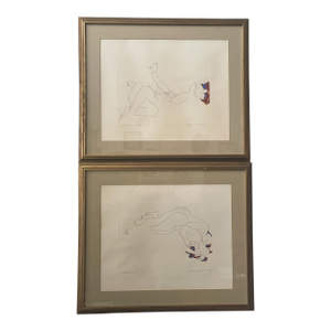 Original Weyman Lew Hand Colored Etching Signed and Framed Set of (2) c.1977