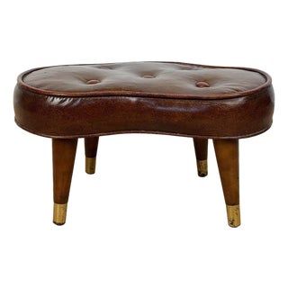 Mid-Century Button Tuft Brown Vinyl Kidney Footstool Ottoman For Sale
