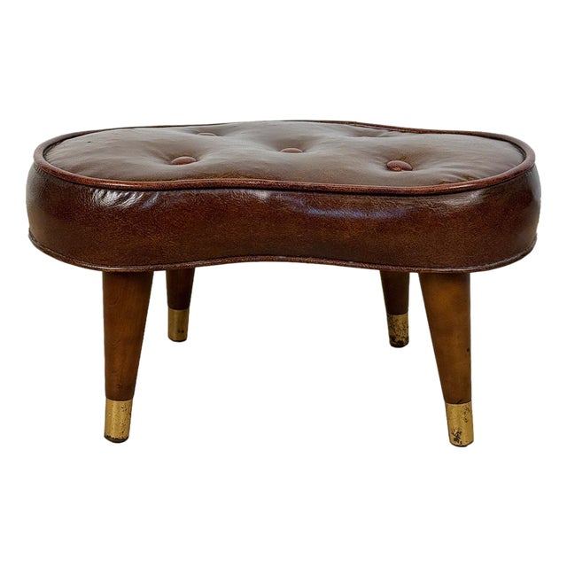 Mid-Century Button Tuft Brown Vinyl Kidney Footstool Ottoman For Sale