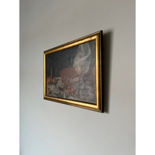 60's Vintage Copper Pot & Onions Impressionist Still Life Oil on Canvas Painting, Signed For Sale - Image 4 of 13
