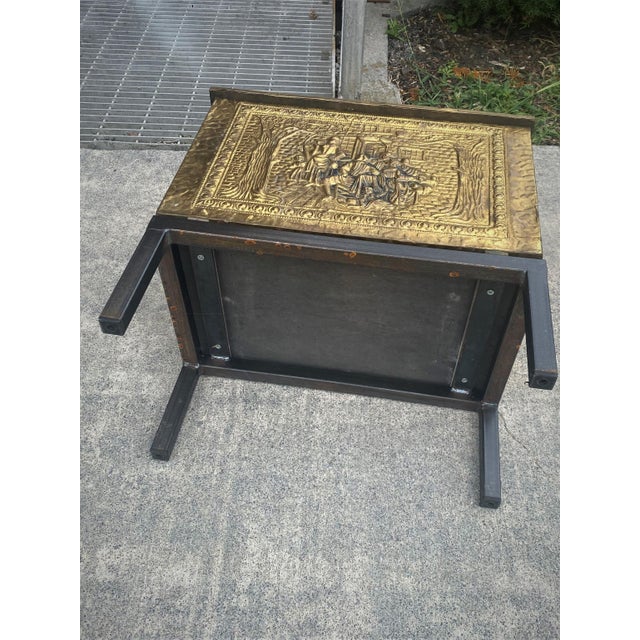 Mid 20th C Pressed Raised Brass Pub/Tavern Scene Firewood Kindling Storage Box on Stand For Sale - Image 16 of 17