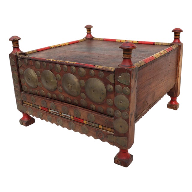 Vintage Wood Side Table with Brass Details, 1930s For Sale