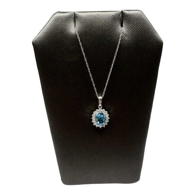 Topaz & Diamond Necklace in 10kt White Gold – Oval Cut, 18in, New For Sale