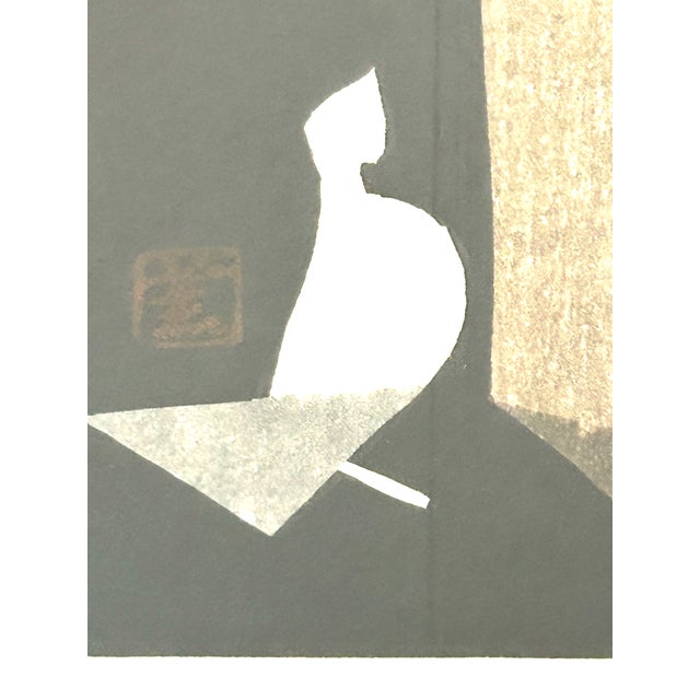 Mid Century Kaoru Kawano "Doves and Girl" Monochrome Woodblock Print - Pencil Cursive Signed For Sale In Miami - Image 6 of 13
