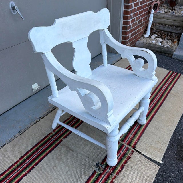 Farmhouse Antique White Painted Plank Seat Arm Chair, Pennsylvania, Circa 1860-1880 For Sale - Image 3 of 16