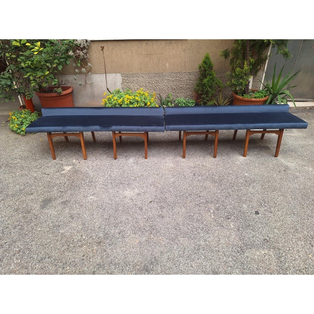 Bench in Light Wood with Electric Blue Velvet Seat, 1960s For Sale - Image 15 of 18