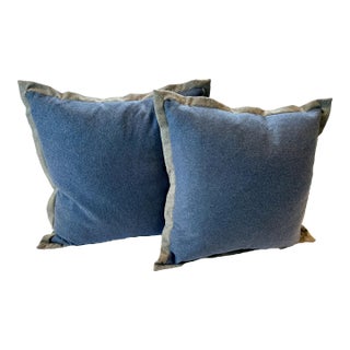 Pair of Custom Navy Blue and Grey Wool Euro Pillow Shams For Sale
