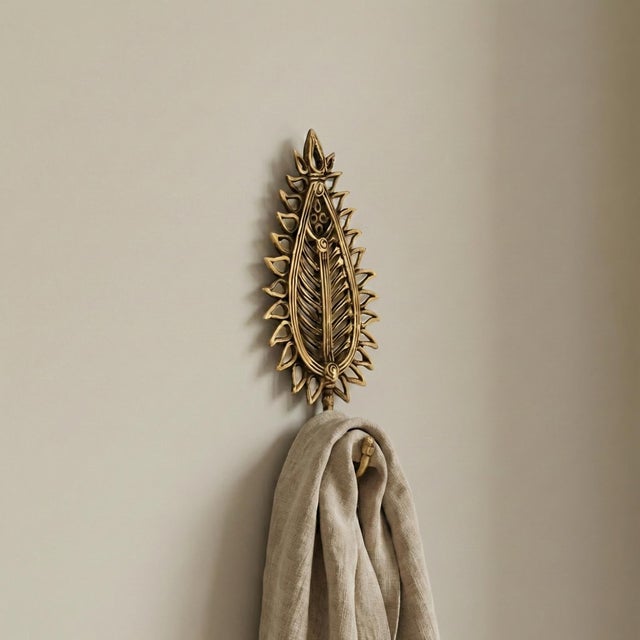 Far Pavilions Antique Brass Leaf Wall Hook | Tropical Gold Nature Inspired Coat Hanger | Boho Bathroom Towel Peg | Unique Metal Entryway Storage Hardware For Sale - Image 4 of 4