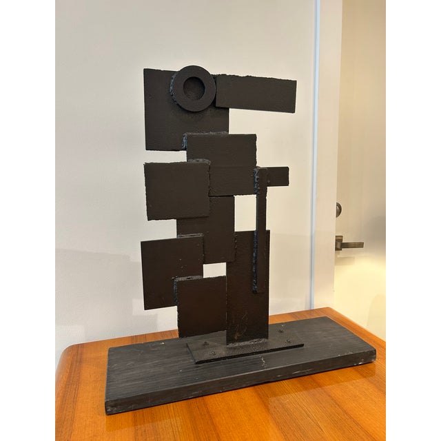 Mid-Century Modern 1970s Abstract Sculpture in Welded Steel Iron & Wood For Sale - Image 3 of 10