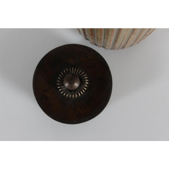 1940s Art Deco Grooved Stoneware Model 117 Jar with Bronze Lid by Arne Bang, Denmark, 1930s For Sale - Image 5 of 11