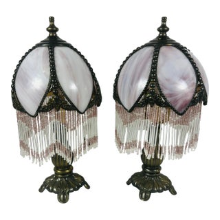 Early 1900s Dusty Rose Six Panel Slag Glass Table Lamps, a Pair For Sale