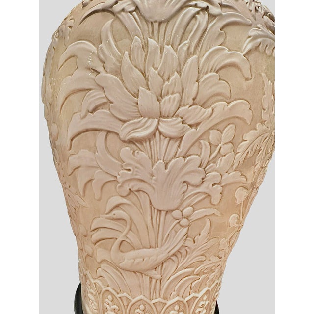 Metal Pair of 1970s Chapman White Floral and Bird Relief Chinoiserie Lamps With White Silk Patterned Shades For Sale - Image 7 of 13