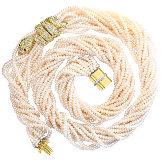 Japanese Akoya Pearl with Snake Diamond Slider and Clasp Opera Length Necklace For Sale - Image 15 of 18