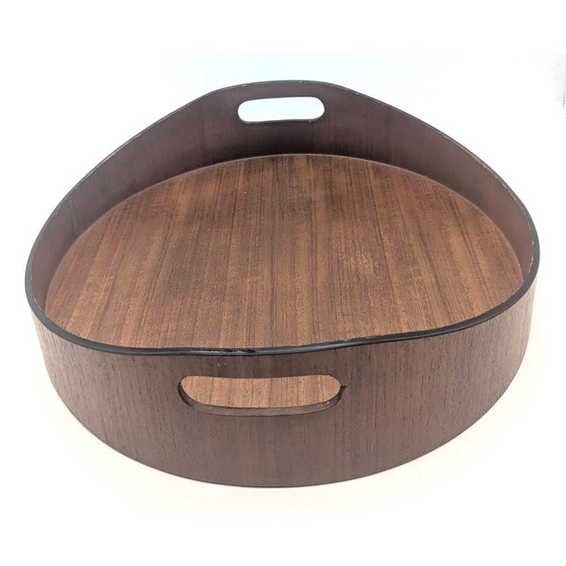 Mid-Century Modern Mid 20th Century Round Pressed Teak Wood Tray With Handles For Sale - Image 3 of 11