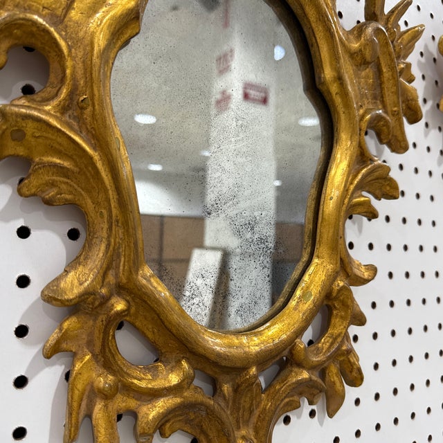 Pair Vintage Mid Century Italian Florentine Gold Gilt Wall Mirrors Sconce Style For Sale - Image 9 of 12