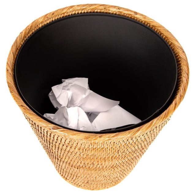 Boho Chic Artifacts Rattan Round Tapered Waste Basket with Metal Liner in Honey Brown - 12" For Sale - Image 3 of 7