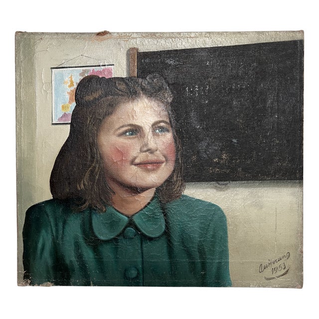 Portrait of a Young Girl at School, 1953, Oil on Canvas For Sale