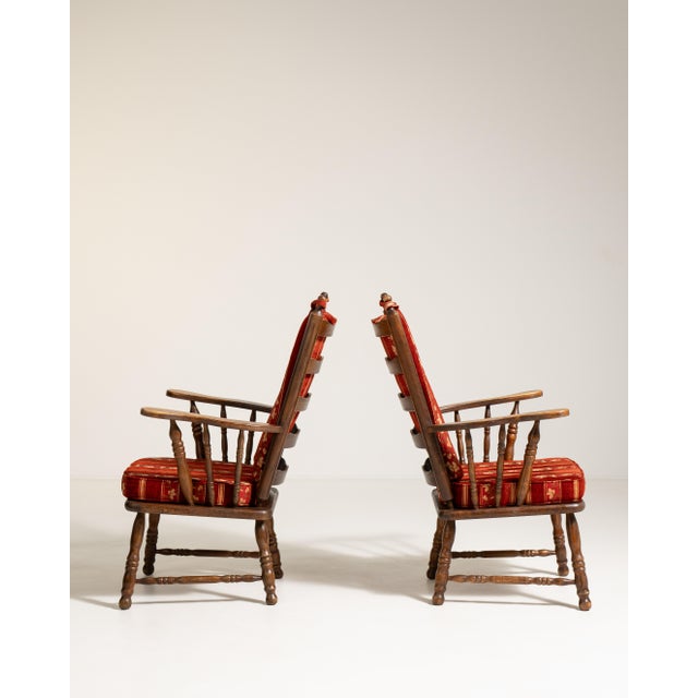 Traditional Pair of Dutch Oak Upholstered Armchairs Red France 1970s For Sale - Image 3 of 13