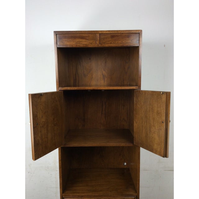 Brown Vintage Campaign Style Oak Wall Unit With Brass Hardware For Sale - Image 8 of 17