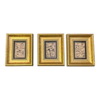 Contemporary 3 Original Wayne Cunningham Abstract Marker Drawings Chunky Gold Frames-Set of 3 For Sale
