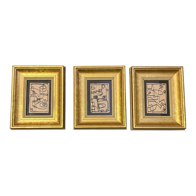Contemporary 3 Original Wayne Cunningham Abstract Marker Drawings Chunky Gold Frames-Set of 3 For Sale