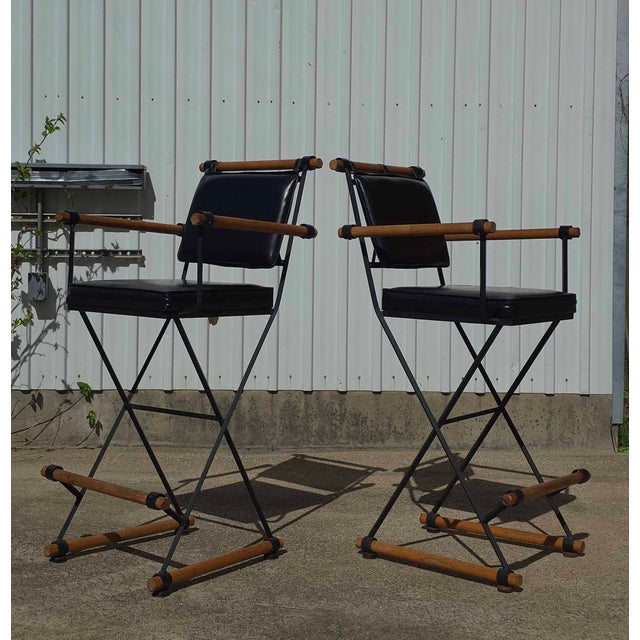 Mid-Century Modern Pair of Cleo Baldon for Inca Campaign Style Bar Stools For Sale - Image 3 of 7