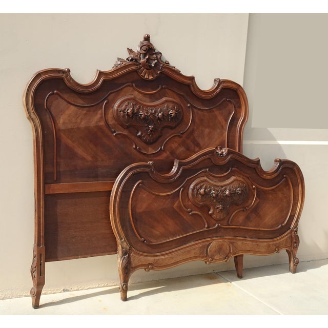 French Bed Frame ~ Antique French Louis XVI Brown Headboard Fb & Rails For Sale - Image 3 of 13