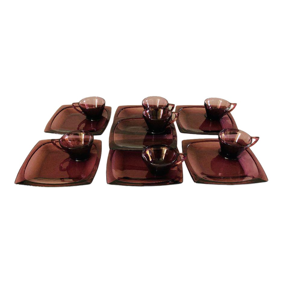 Vintage Hazel Atlas Purple Glass Snack Plates and Cups 14