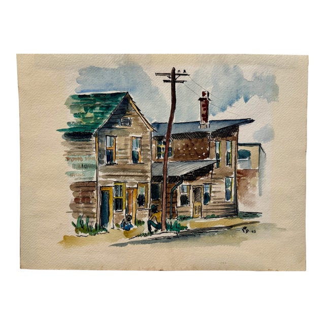Henry Emil Salloch Original Watercolor on Paper Urban Tenement Houses With Wooden Telephone Pole, 1945. For Sale