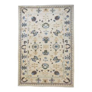21st Century Turkish Oushak Wool 9x12 Ivory, Grey, Olive & Blue Handmade Area Rug #1140406