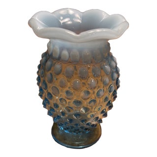 Vintage 1940s Fenton Aqua Opalescent Glass Blue Hobnail Small Bud Ruffled Vase For Sale