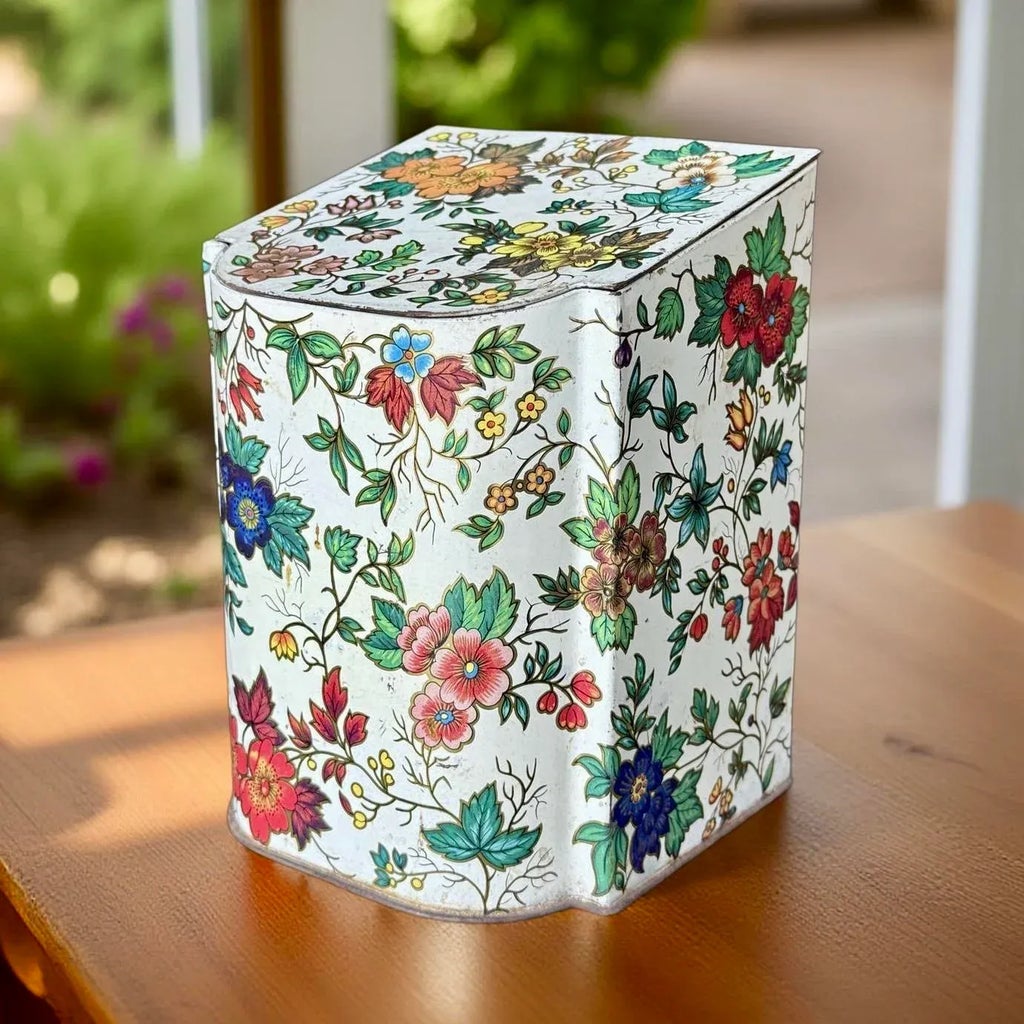 Vintage Daher Floral Tin, Hinged Lid, Blue & Orange Flower Design 