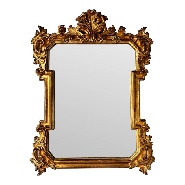 Vintage Hollywood Regency-Style Carved Wood Gold Wall Mirror/ For Sale
