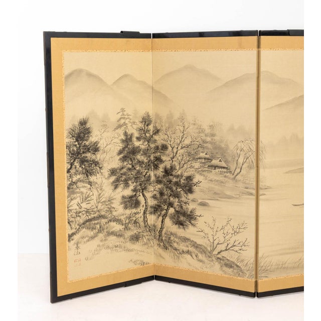 Japanese Four-Panel Byobu Screen, hand-painted landscape scene on silk, partial chop seal mark to lower left, ebonized...
