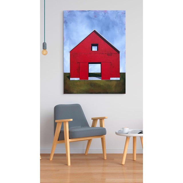 This artwork features a striking red barn set against a vast, open sky, evoking a sense of nostalgia and tranquility. The...