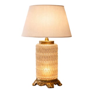 Vintage Cut Crystal & Gilt Bronze Table Lamp With Custom Neutral Linen Shade For Sale